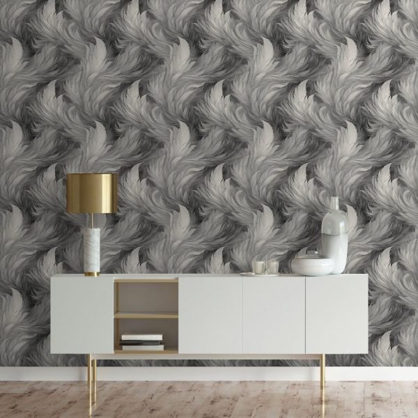Plumes Large Feathers Abstract Shimmer Black Wallpaper Wall Decor | Muriva - Image 6