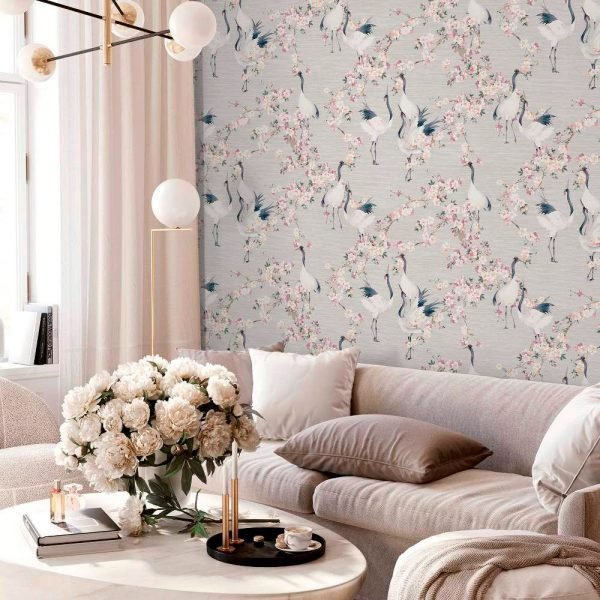 Arthouse | Stylish Blossom Crane Wallpaper Natural and Pink Design | Neutral Wallpaper - Image 4
