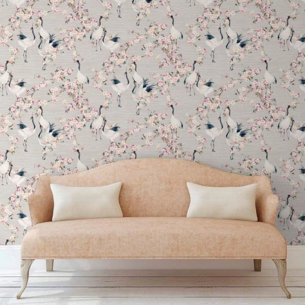 Arthouse | Stylish Blossom Crane Wallpaper Natural and Pink Design | Neutral Wallpaper - Image 6