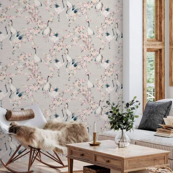 Arthouse | Stylish Blossom Crane Wallpaper Natural and Pink Design | Neutral Wallpaper - Image 8
