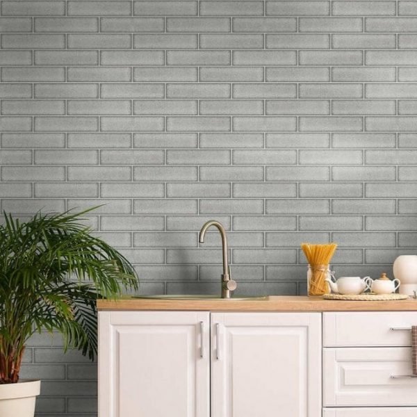 Celadon Gloss Tile Grey Kitchen & Bathroom Vinyl Wallpaper | Holden Decor - Image 4