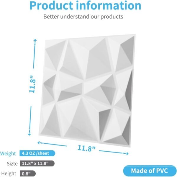 Decorative 3D Wall Panels in Diamond Design, 12"x12" Matt White for Home and Office Decor (33 Pack) - Image 4