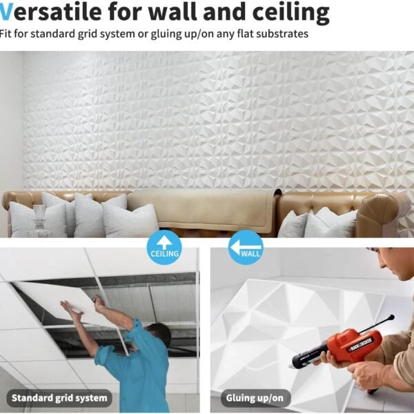 Decorative 3D Wall Panels in Diamond Design, 12"x12" Matt White for Home and Office Decor (33 Pack) - Image 5