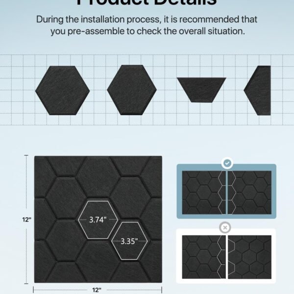 Soundsbay Sound Proofing Panels Self-Adhesive, 12 Pack Acoustic Wall Panels, High Density Honeycomb Acoustic Panels for Door, Ceiling, Recording Studios, Home Office 30 x 30 x 0.9cm Black - Image 7