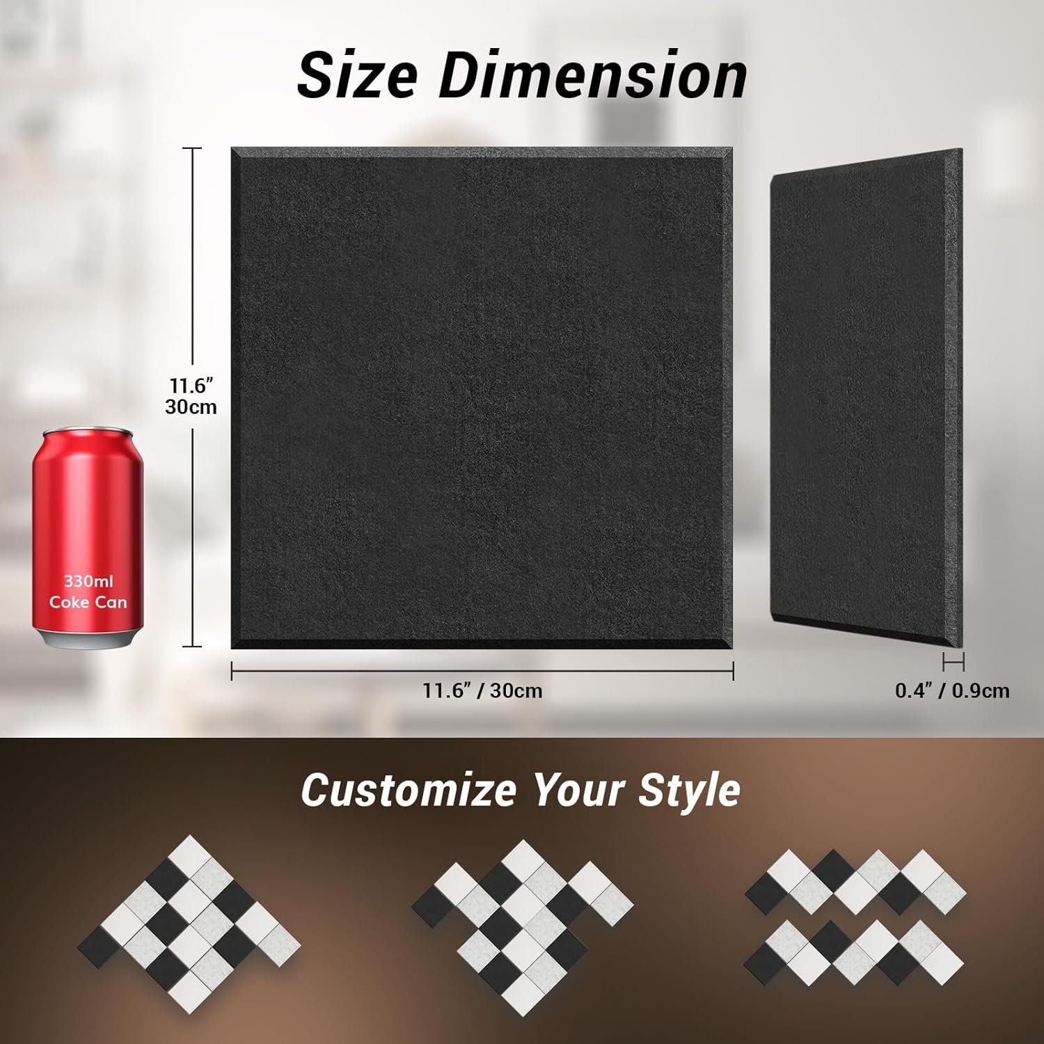 12 Pack Sound Proofing Panels Self-adhesive, TONOR 30x30x0,9cm Square Acoustic Absorbing Panels for Wall, High Density Insulation Soundproofing Panels for Podcast Studio, Living Room, Offices, Black - Image 2