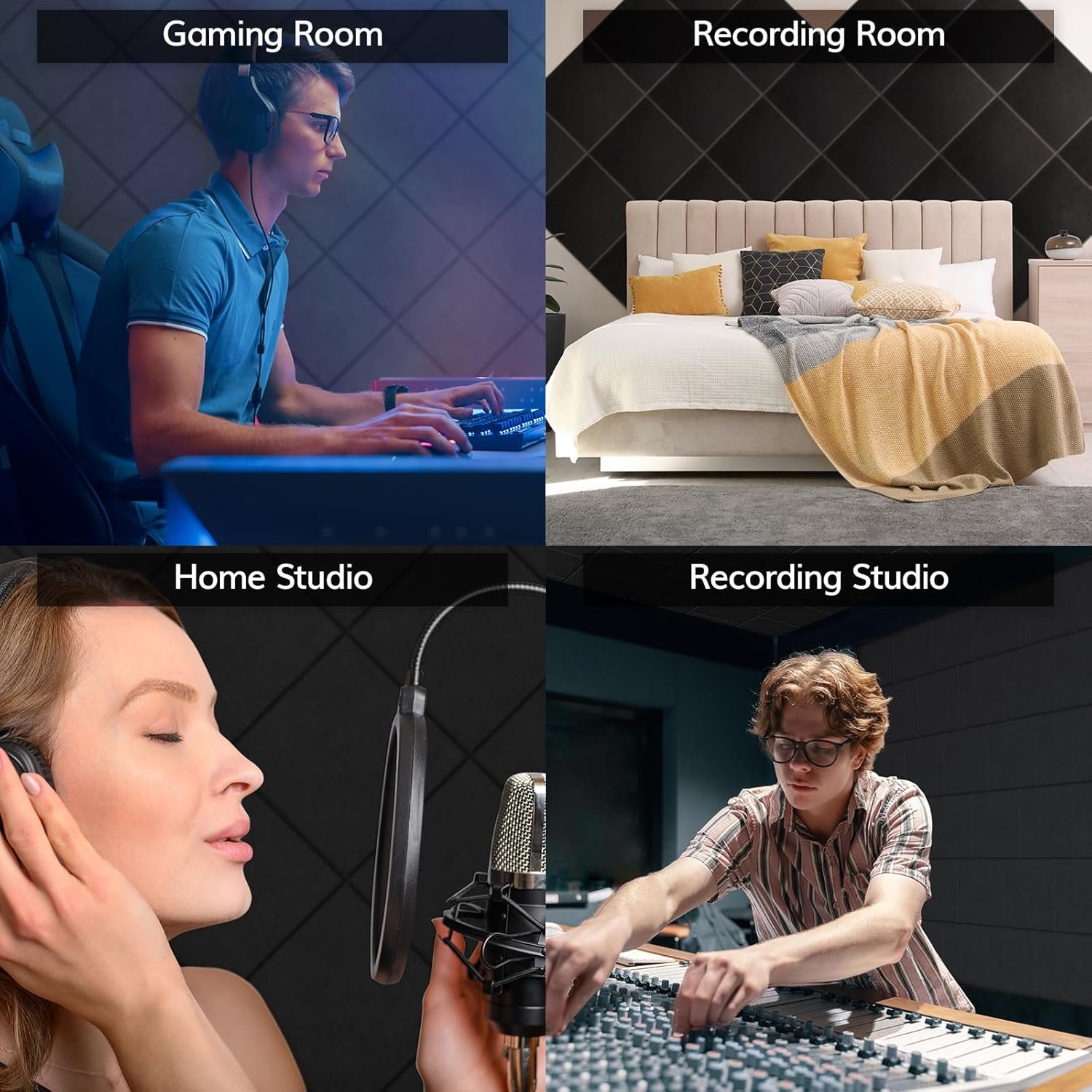 12 Pack Sound Proofing Panels Self-adhesive, TONOR 30x30x0,9cm Square Acoustic Absorbing Panels for Wall, High Density Insulation Soundproofing Panels for Podcast Studio, Living Room, Offices, Black - Image 3