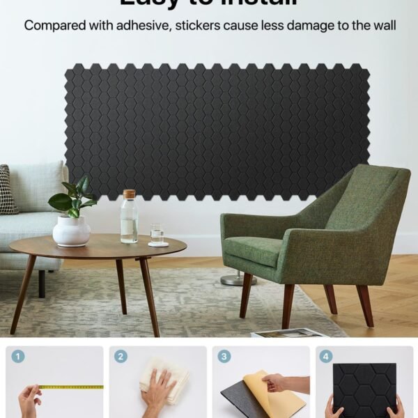 Soundsbay Sound Proofing Panels Self-Adhesive, 12 Pack Acoustic Wall Panels, High Density Honeycomb Acoustic Panels for Door, Ceiling, Recording Studios, Home Office 30 x 30 x 0.9cm Black - Image 5