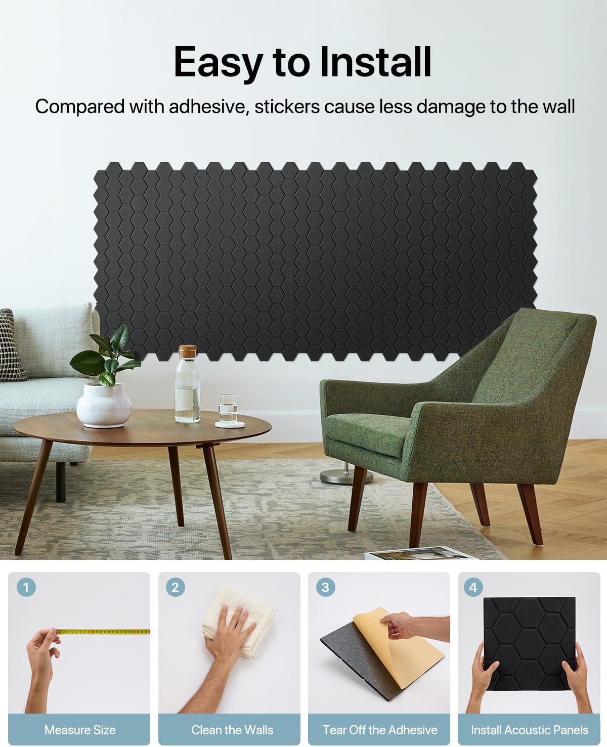 Soundsbay Sound Proofing Panels Self-Adhesive, 12 Pack Acoustic Wall Panels, High Density Honeycomb Acoustic Panels for Door, Ceiling, Recording Studios, Home Office 30 x 30 x 0.9cm Black - Image 5