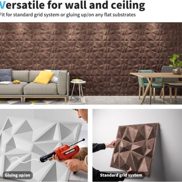 Textures 3D Wall Panels Antique Copper Diamond Design for Interior Wall Decor Pack of 12 Tiles 32 Sq Ft (PVC), 19.7 x 19.7 Inch - Image 5
