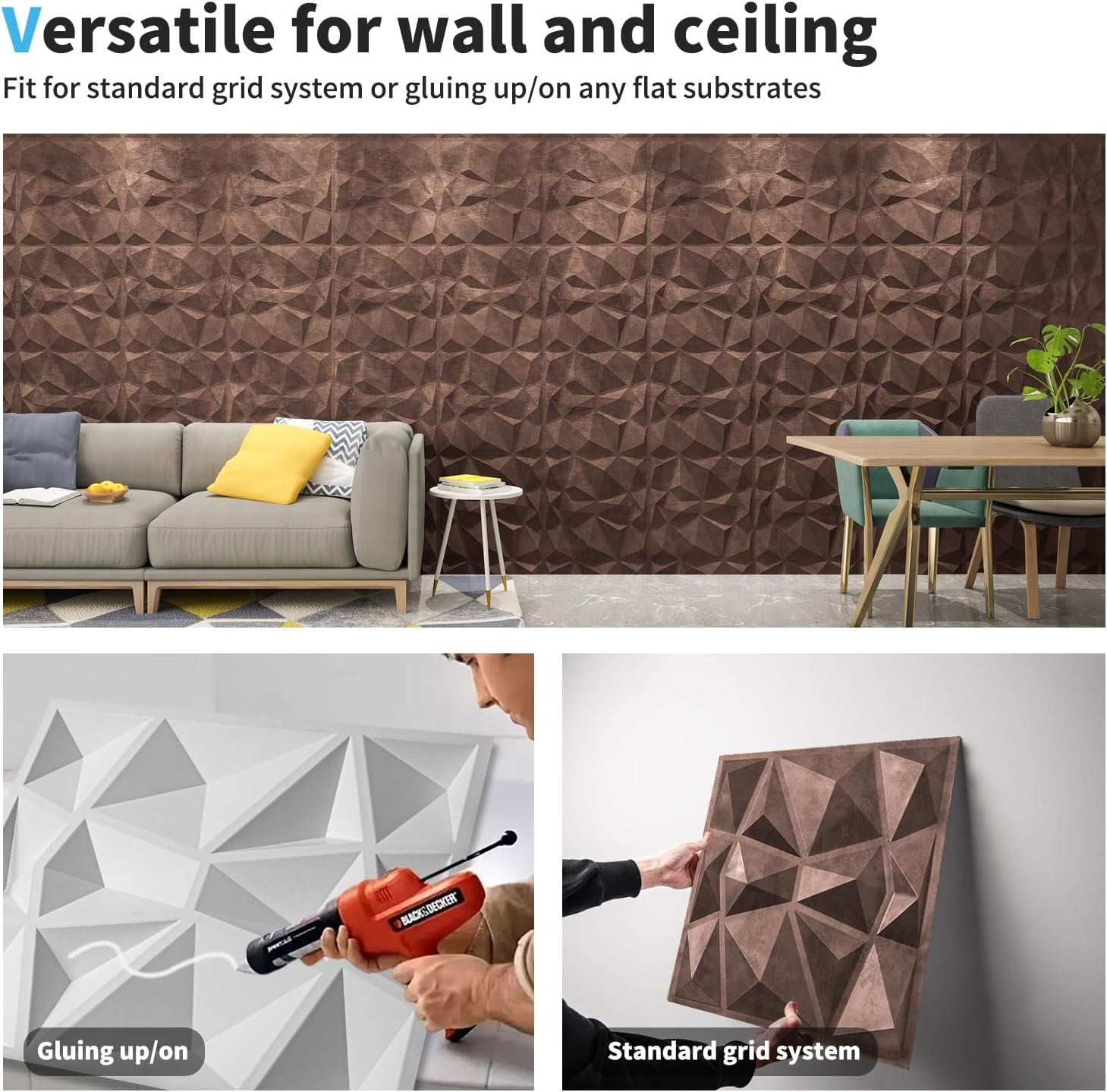 Art3d Textures 3D Wall Panels Antique Copper Diamond Design for Interior Wall Decor Pack of 12 Tiles 32 Sq Ft (PVC), 19.7 x 19.7 Inch - Image 5