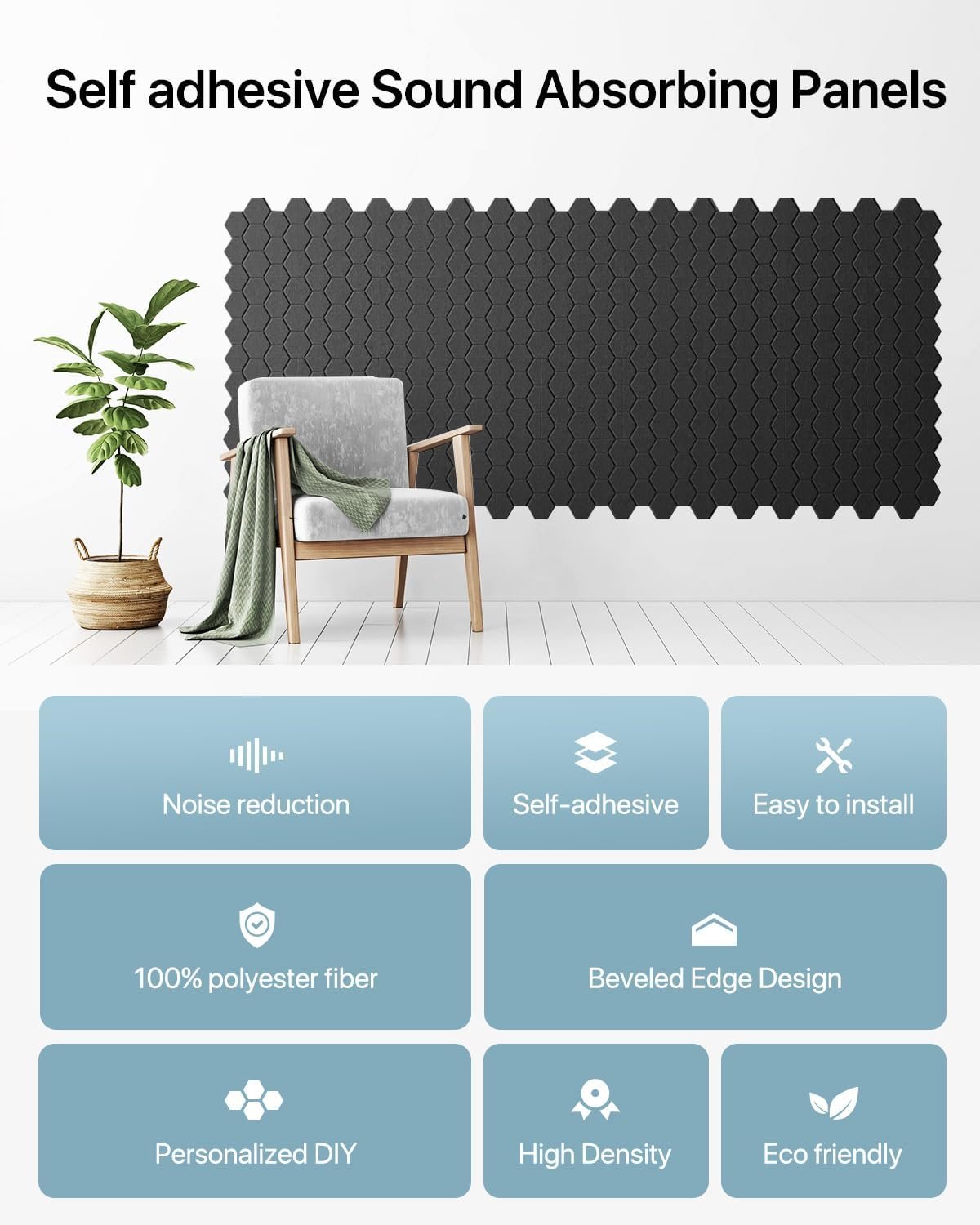 Soundsbay Sound Proofing Panels Self-Adhesive, 12 Pack Acoustic Wall Panels, High Density Honeycomb Acoustic Panels for Door, Ceiling, Recording Studios, Home Office 30 x 30 x 0.9cm Black - Image 4