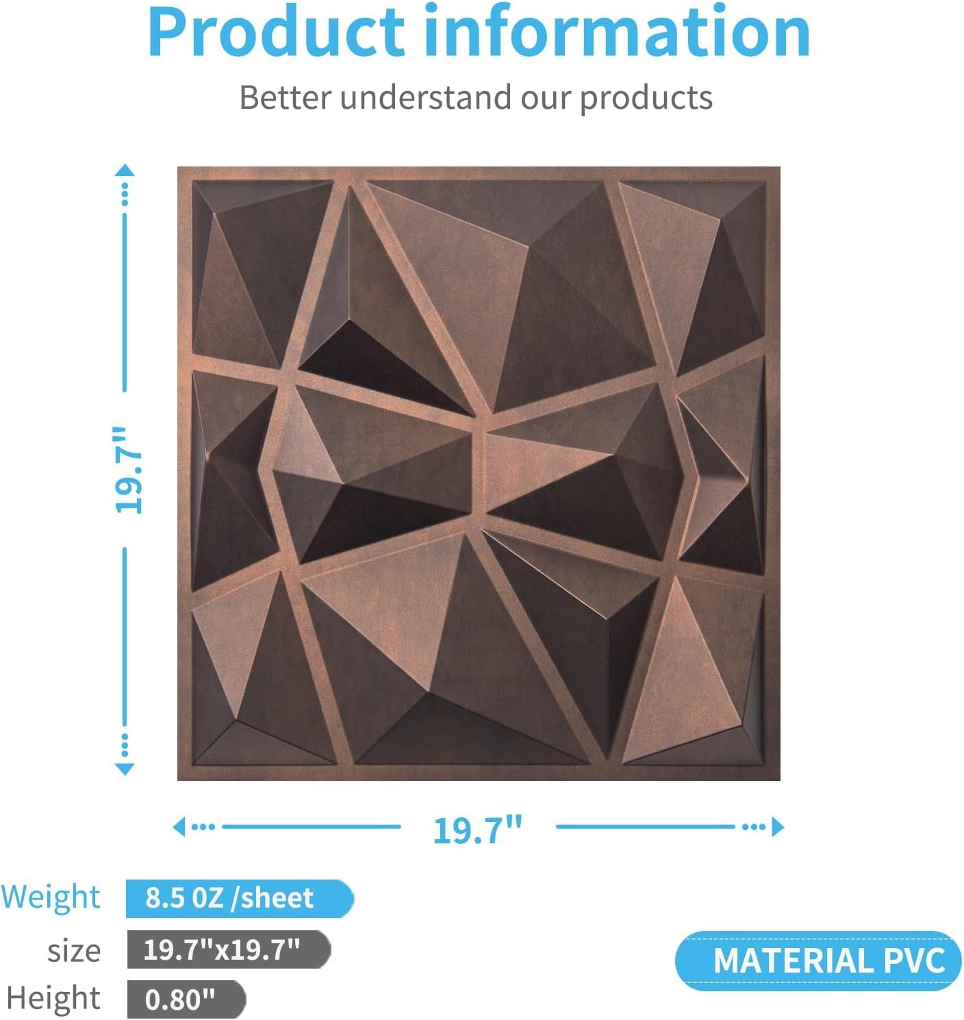 Art3d Textures 3D Wall Panels Antique Copper Diamond Design for Interior Wall Decor Pack of 12 Tiles 32 Sq Ft (PVC), 19.7 x 19.7 Inch