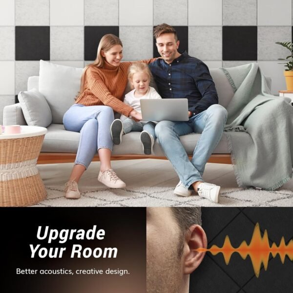 12 Pack Sound Proofing Panels Self-adhesive, TONOR 30x30x0,9cm Square Acoustic Absorbing Panels for Wall, High Density Insulation Soundproofing Panels for Podcast Studio, Living Room, Offices, Black - Image 6