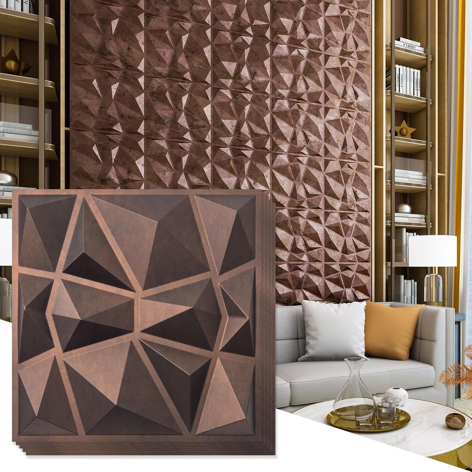 Art3d Textures 3D Wall Panels Antique Copper Diamond Design for Interior Wall Decor Pack of 12 Tiles 32 Sq Ft (PVC), 19.7 x 19.7 Inch - Image 7