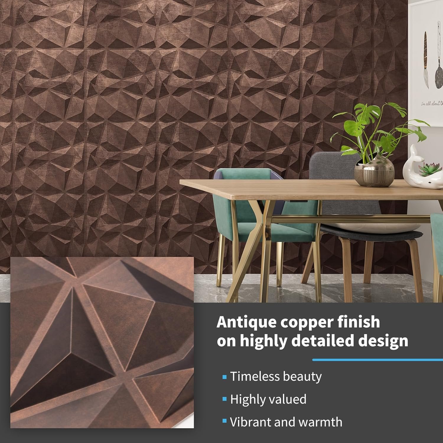 Art3d Textures 3D Wall Panels Antique Copper Diamond Design for Interior Wall Decor Pack of 12 Tiles 32 Sq Ft (PVC), 19.7 x 19.7 Inch - Image 8