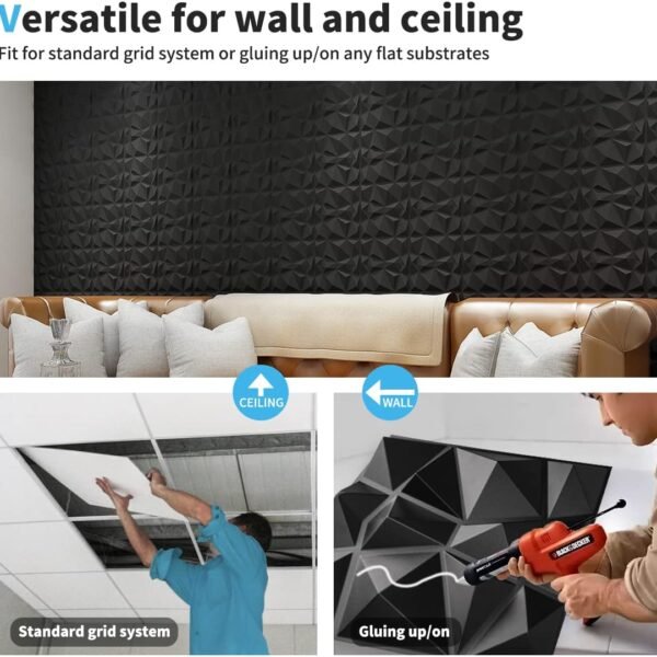 Decorative 3D Wall Panels in Diamond Design, 12"x12" Matt Black for Home and Office Decor (33 Pack) - Image 9