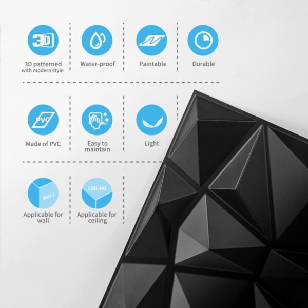Decorative 3D Wall Panels in Diamond Design, 12"x12" Matt Black for Home and Office Decor (33 Pack) - Image 5