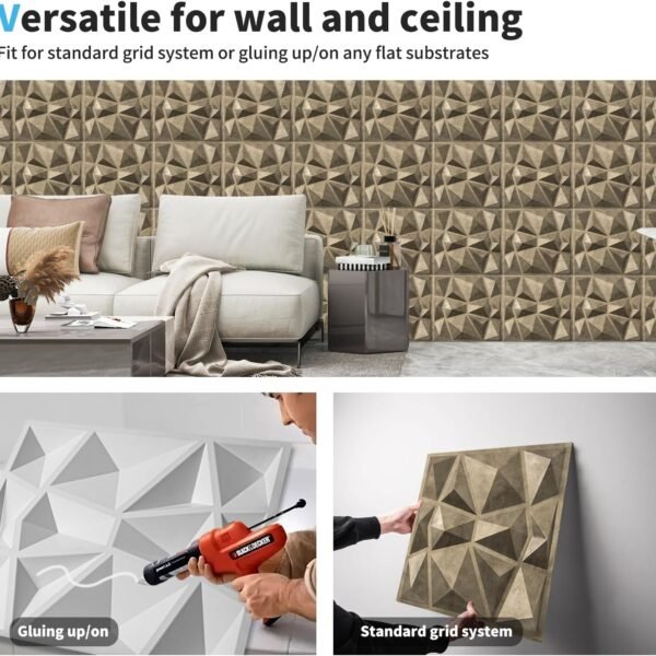 Decorative 3D Wall Panels in Diamond Design, 12"x12" Antique Gold for Home and Office Decor (33 Pack) - Image 4