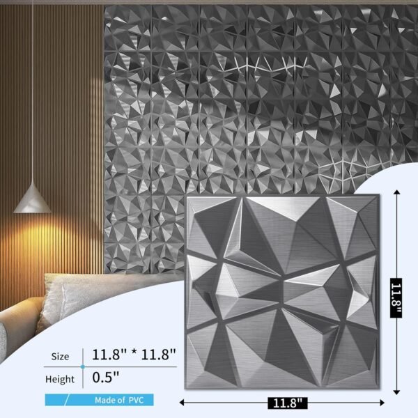 Decorative 3D Wall Panels in Diamond Design, 12"x12" Silver for Home and Office Decor (33 Pack) - Image 5