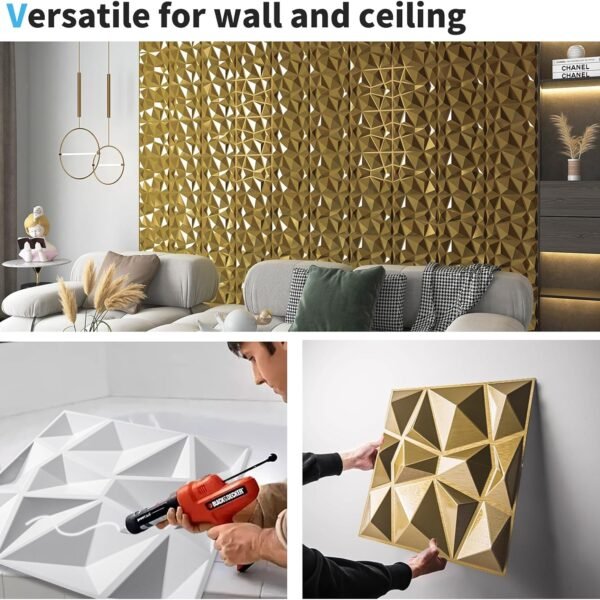 Decorative 3D Wall Panels in Diamond Design, 12"x12" Gold for Home and Office Decor (33 Pack) - Image 4