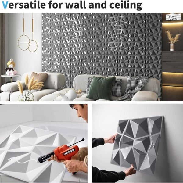 Decorative 3D Wall Panels in Diamond Design, 12"x12" Silver for Home and Office Decor (33 Pack) - Image 6