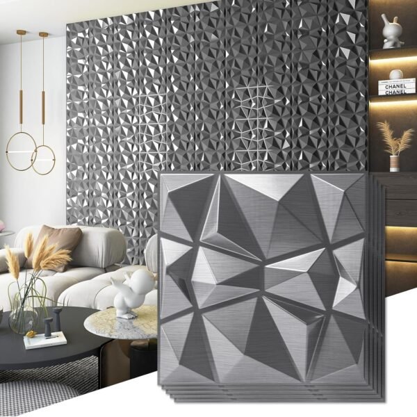 Decorative 3D Wall Panels in Diamond Design, 12"x12" Silver for Home and Office Decor (33 Pack) - Image 7