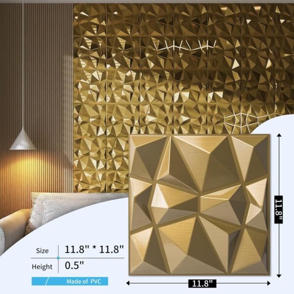Decorative 3D Wall Panels in Diamond Design, 12"x12" Gold for Home and Office Decor (33 Pack) - Image 6